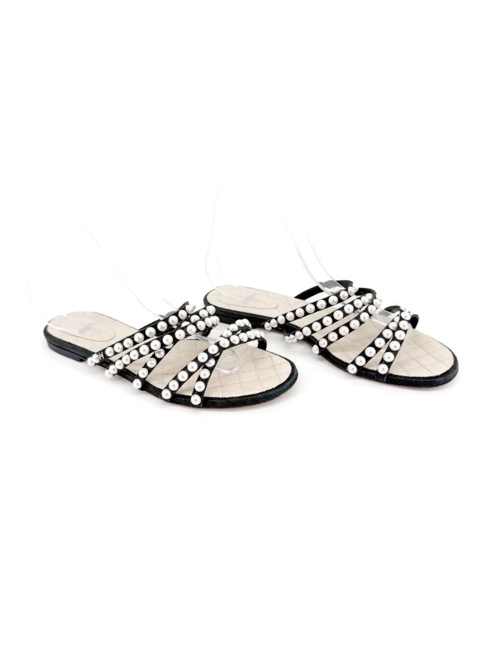 Chanel CC Pearl Strappy Slide Sandals Black White Flat Size 38.5 US 7.5-8 Women